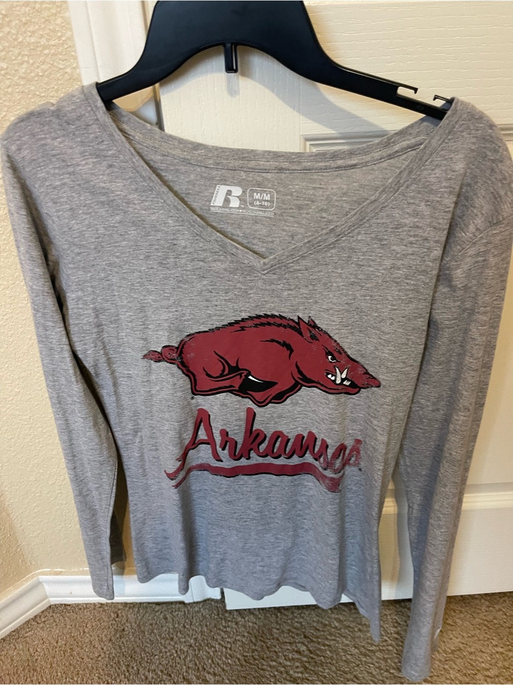Arkansas Gray V-Neck Long Sleeve Tee with Razorback Graphic